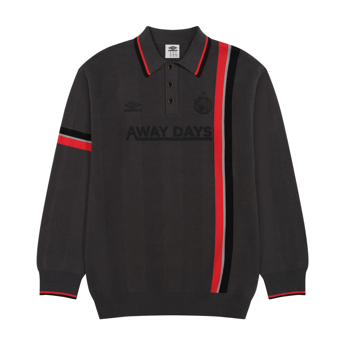 grey long sleeve soccer retro jersey football polo shirt with red, black stripes
