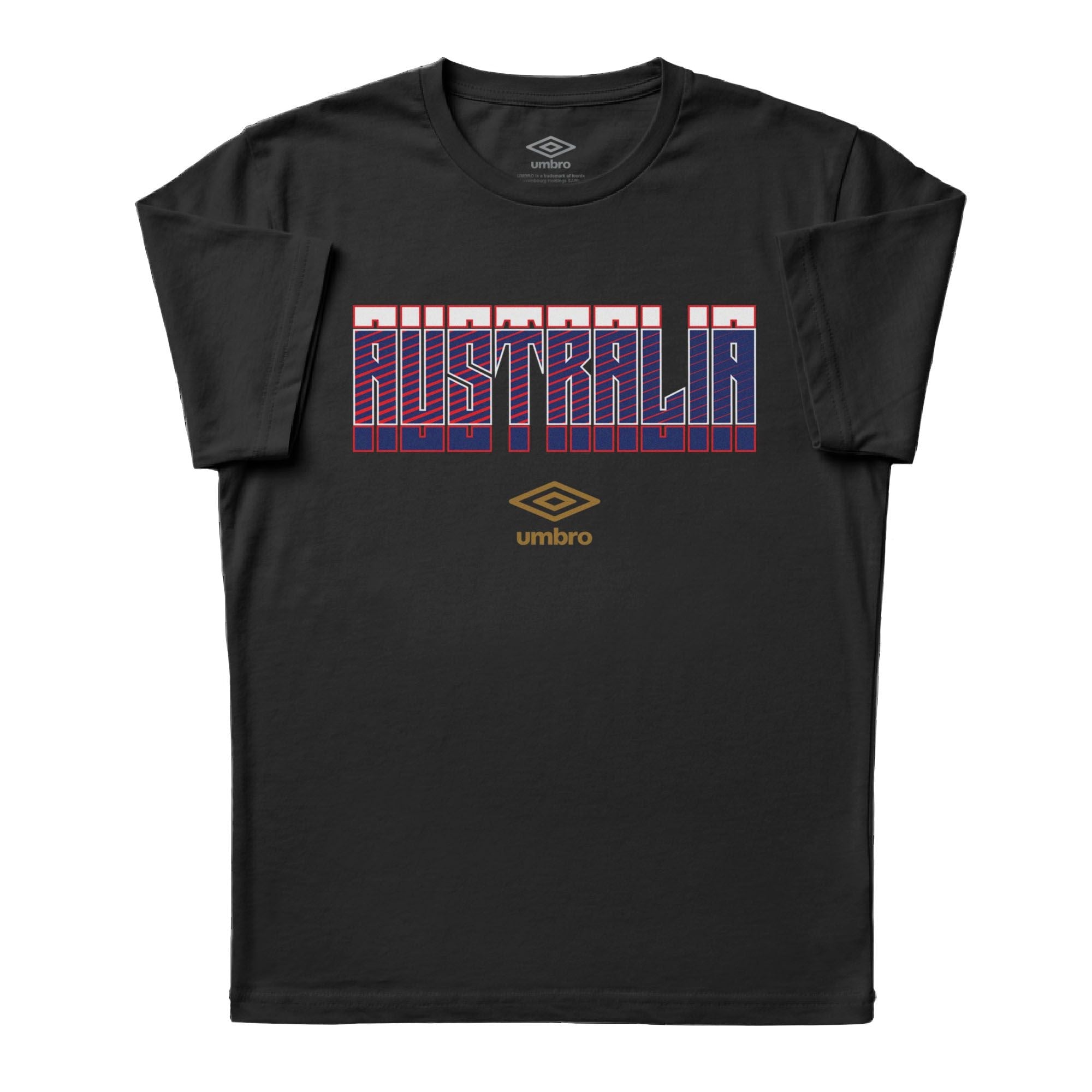 Australia Stacked black soccer tee in cotton with short sleeves and round neck - Shop men's graphic tees by Umbro.