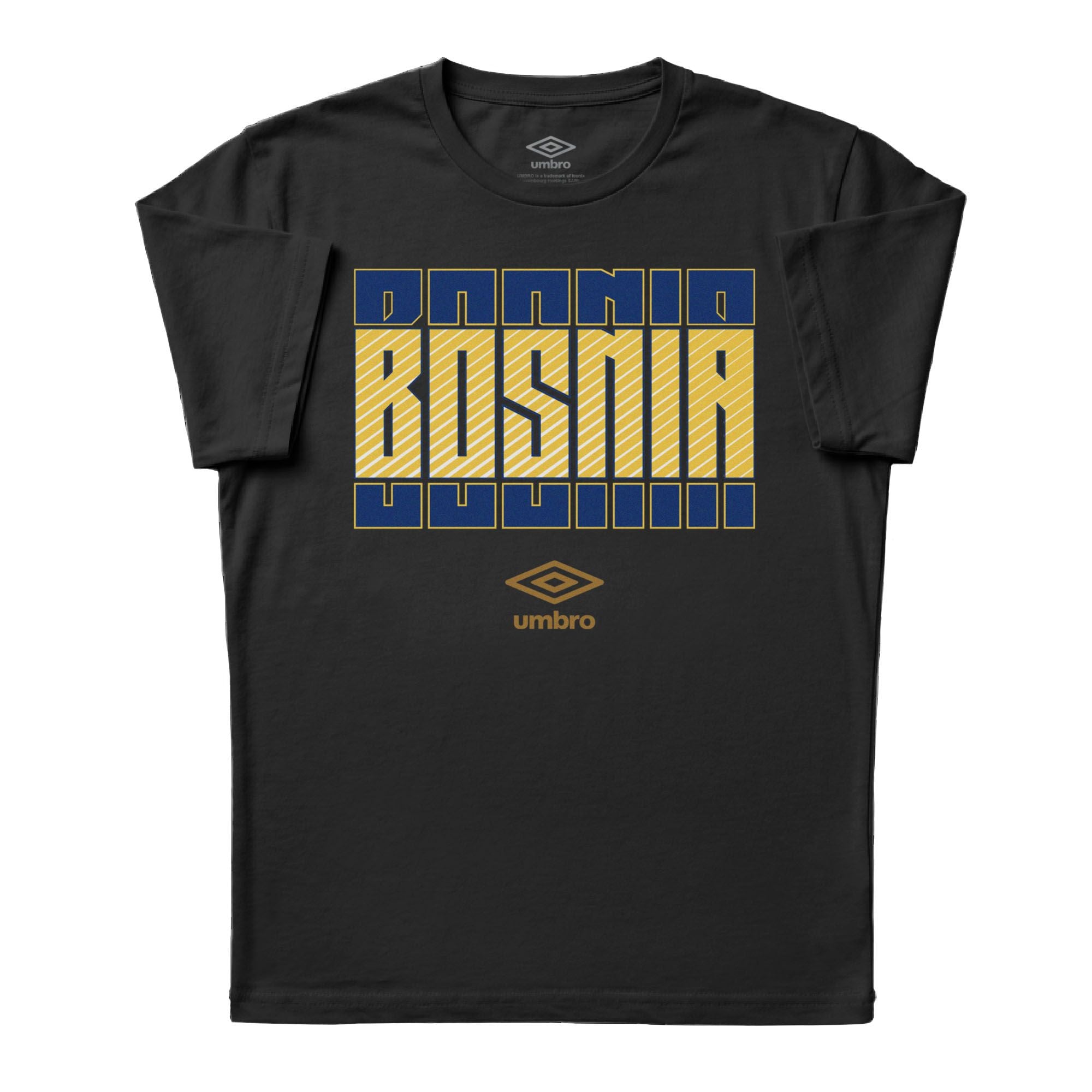 Bosnia Stacked black soccer tee in 100% cotton with short sleeves and round neck - Shop men's workout tees by Umbro.