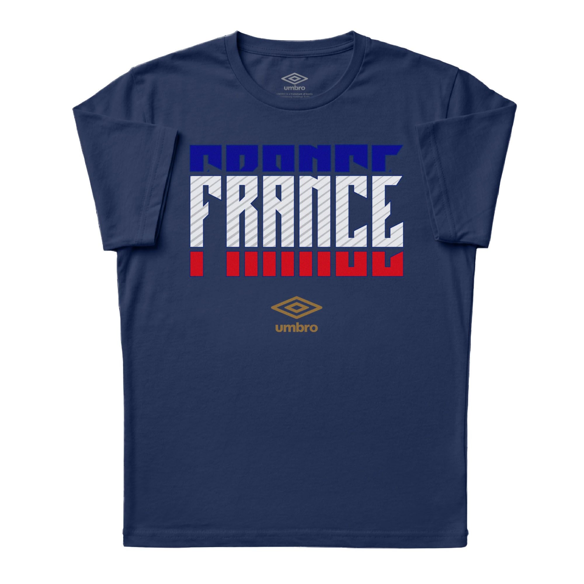 France Stacked navy blue soccer tee in 100% cotton with short sleeves and round neck. Shop men's workout tees by Umbro.
