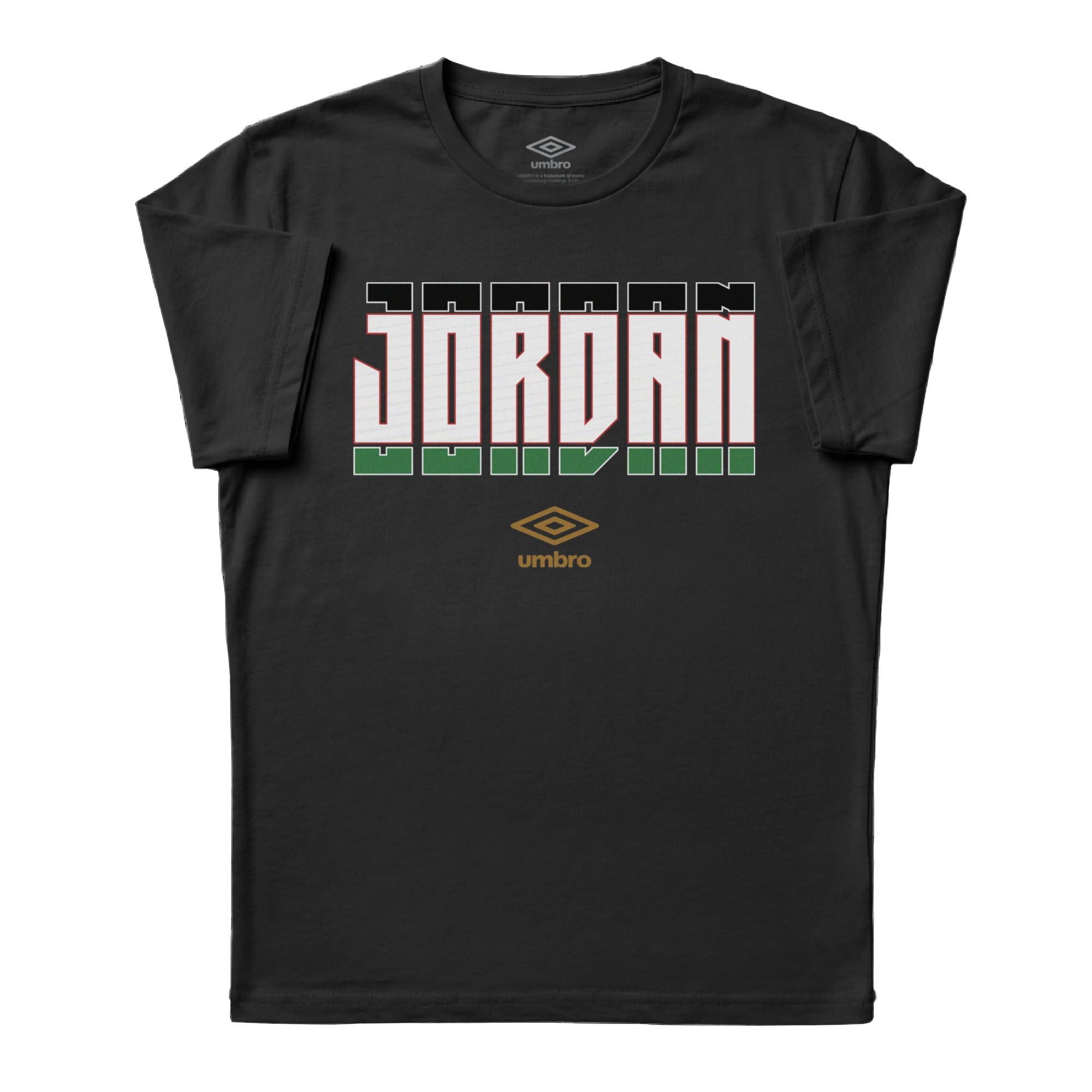 Jordan Stacked black soccer tee in 100% cotton with short sleeves and round neck. Shop men's workout tees by Umbro
