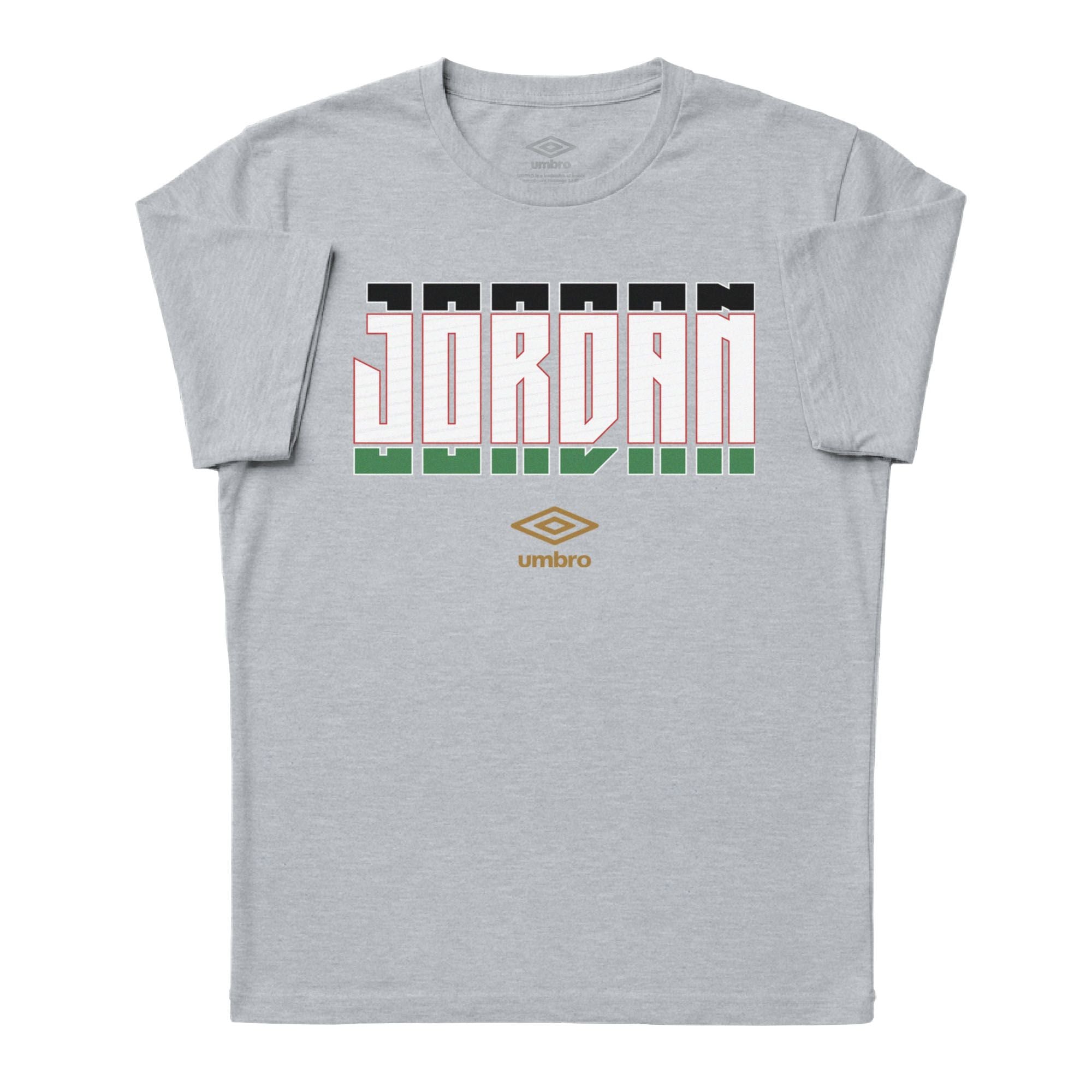 Jordan Stacked grey soccer tee in 100% cotton with short sleeves and round neck. Shop men's workout tees by Umbro