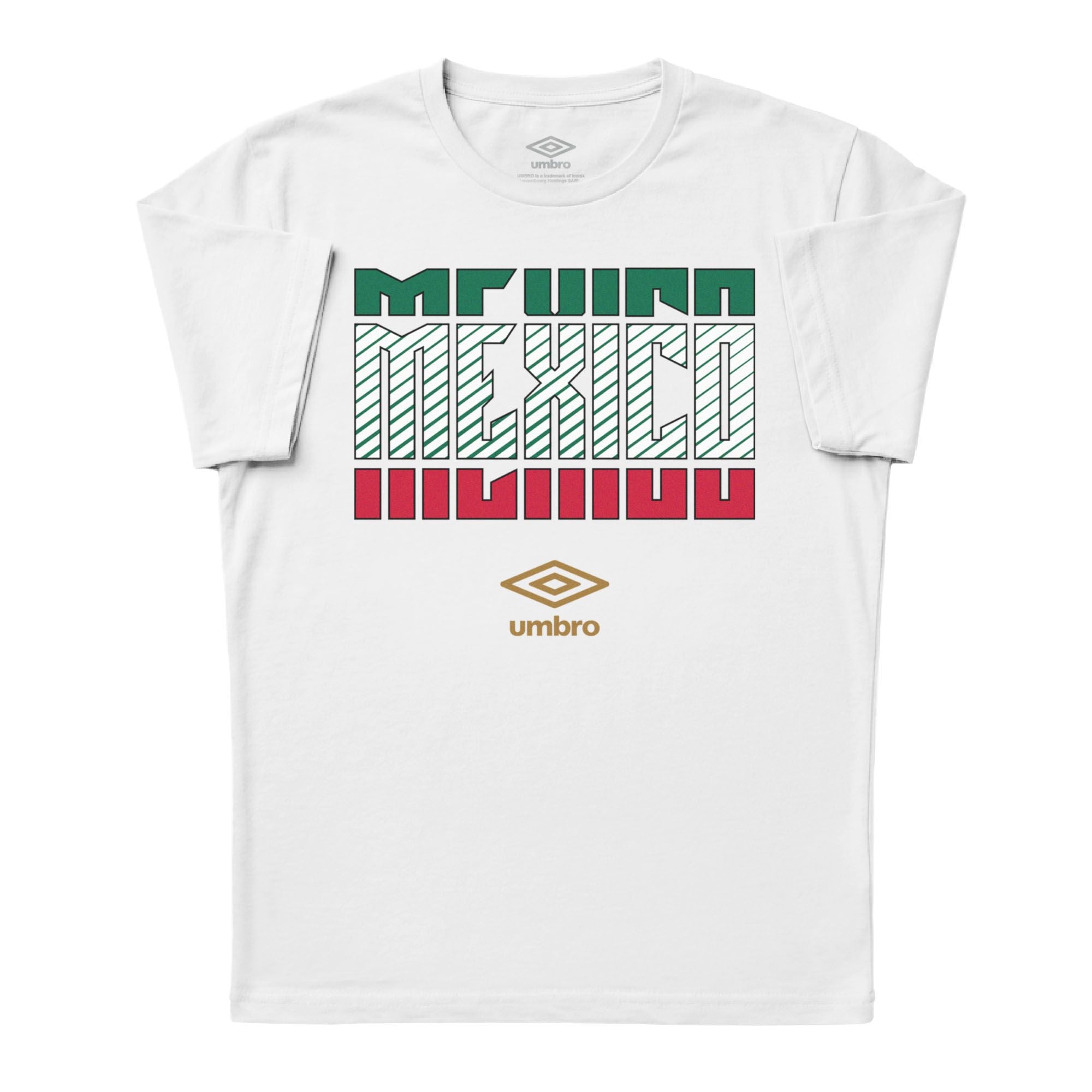 Mexico Stacked white soccer tee in 100% cotton with short sleeves and round neck. Shop men's graphic tees by Umbro