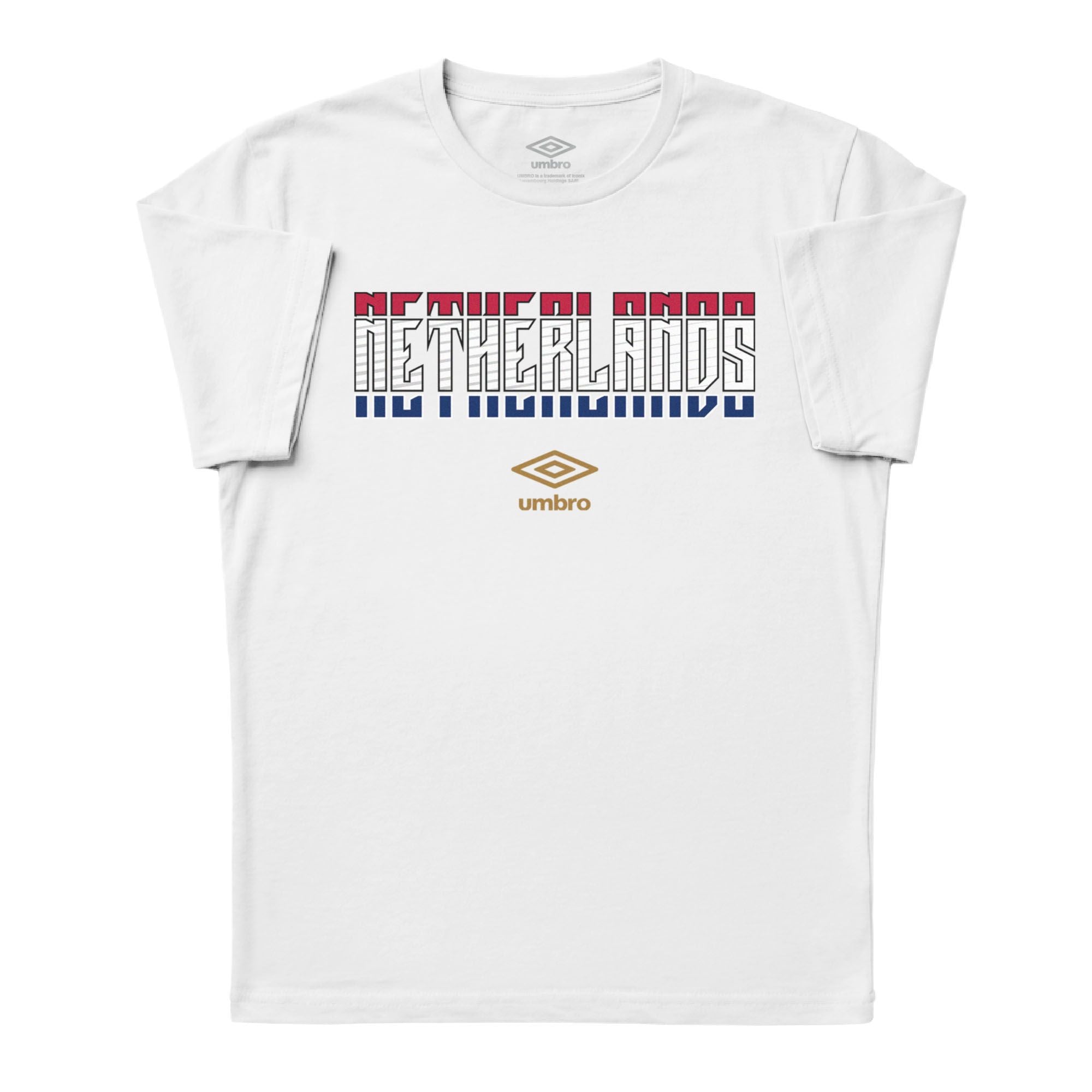 Netherlands Stacked white soccer tee in 100% cotton with short sleeves and round neck. Shop men's graphic tees by Umbro.