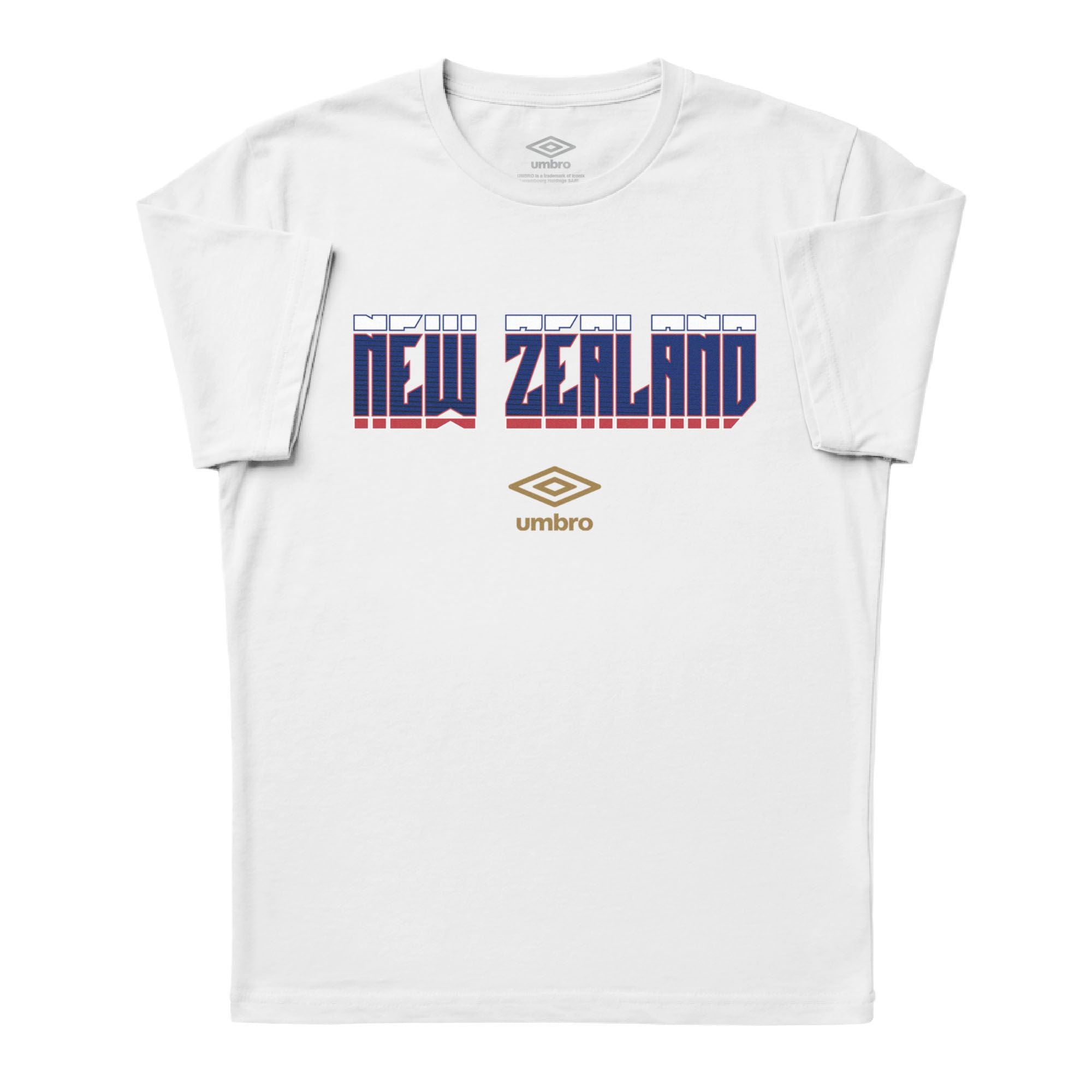 New Zealand Stacked white soccer tee in 100% cotton with short sleeves and round neck. Shop men's workout tees by Umbro