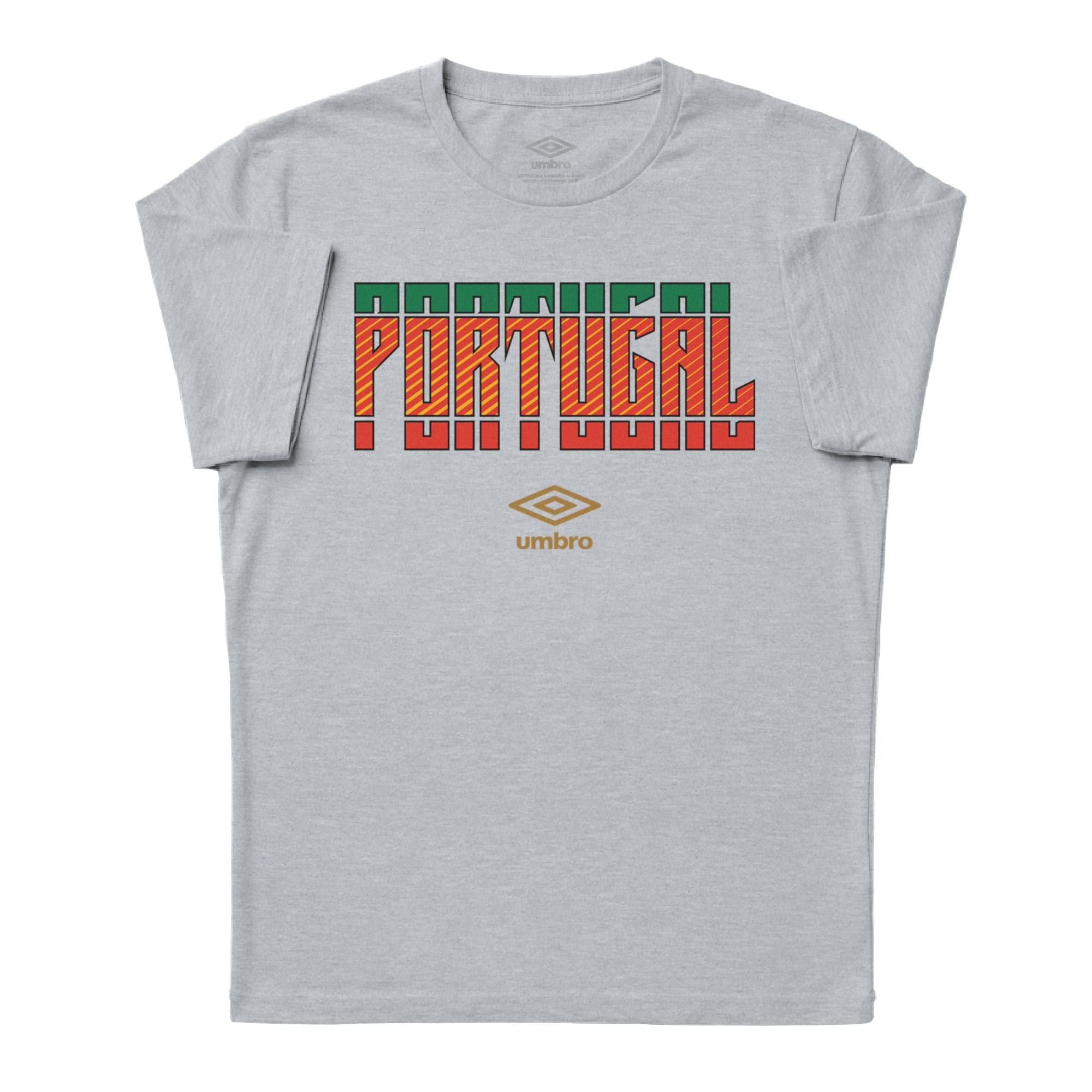 Portugal Stacked grey soccer tee in 100% cotton with short sleeves and round neck. Shop men's graphic tees by Umbro.