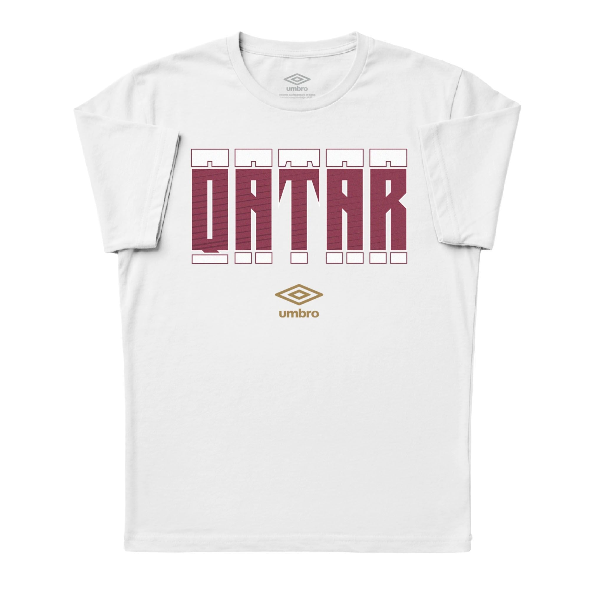 Qatar Stacked white soccer tee in 100% cotton with short sleeves and round neck - Shop men's workout tees by Umbro.