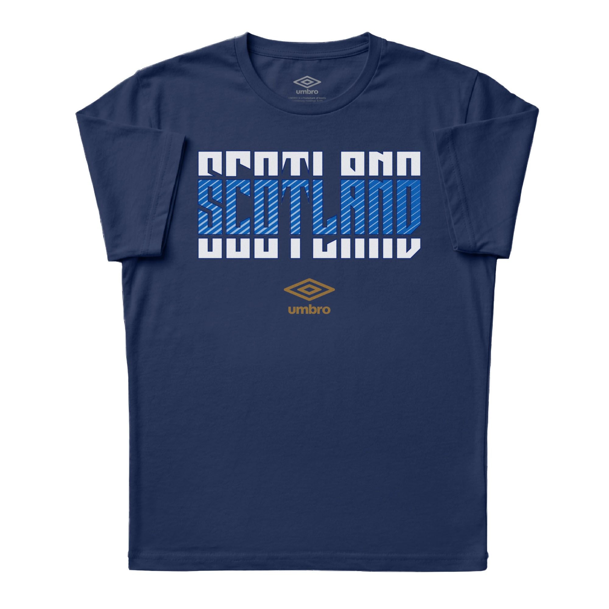 Scotland Stacked navy blue soccer tee in 100% cotton with short sleeves and round neck. Shop men's graphic tees by Umbro.
