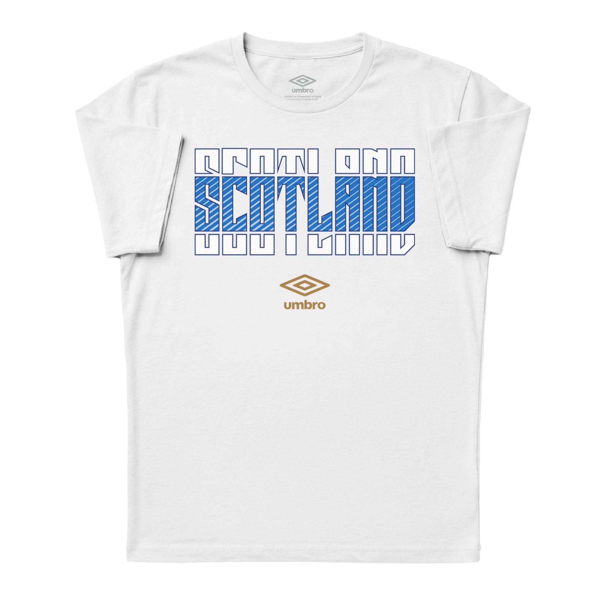 Scotland Stacked white soccer tee in 100% cotton with short sleeves and round neck. Shop men's graphic tees by Umbro.