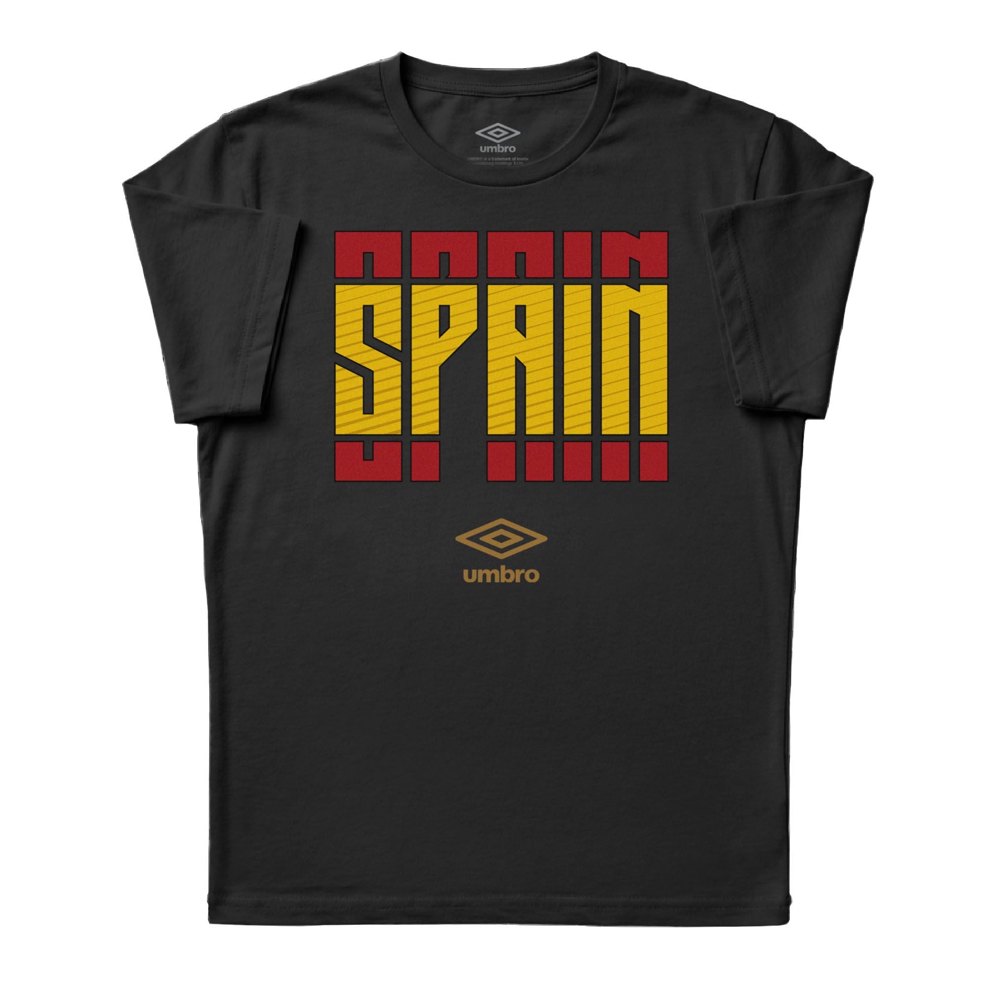 Spain Stacked black soccer tee in 100% cotton with short sleeves and round neck. Shop men's graphic tees by Umbro