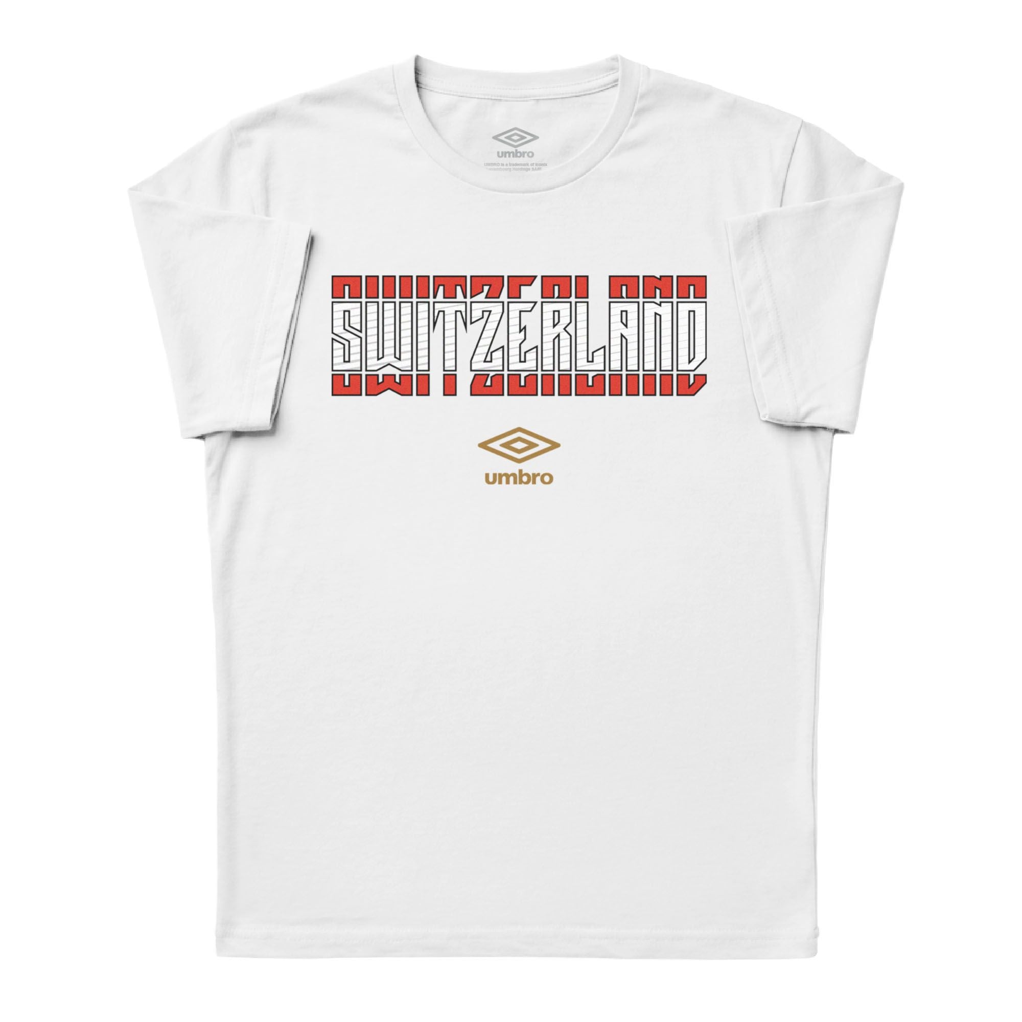 Switzerland Stacked white soccer tee in 100% cotton with short sleeves and round neck. Shop men's graphic tees by Umbro.