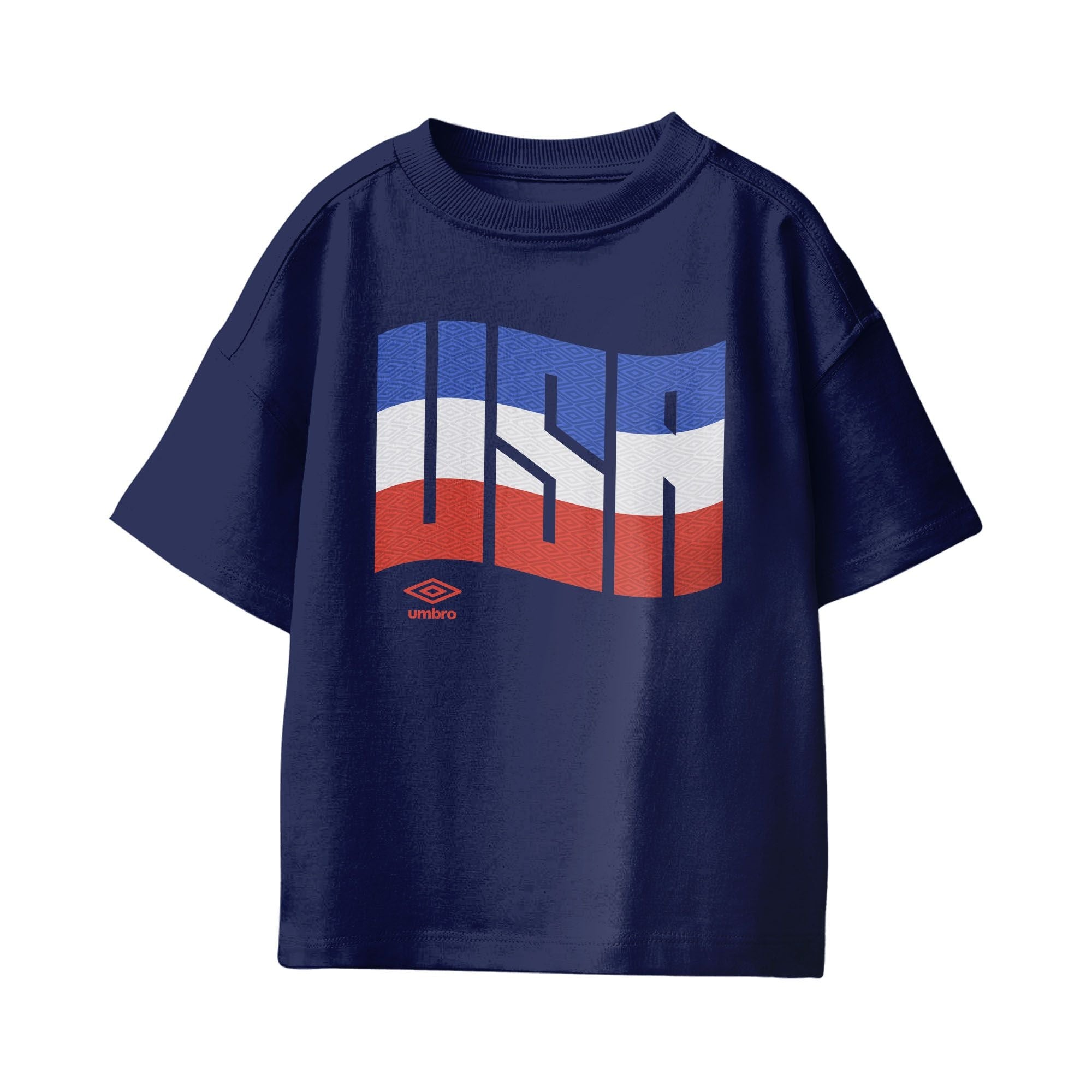 USA wavy graphic navy blue soccer tees. Shop football team tees in soft cotton by Umbro.