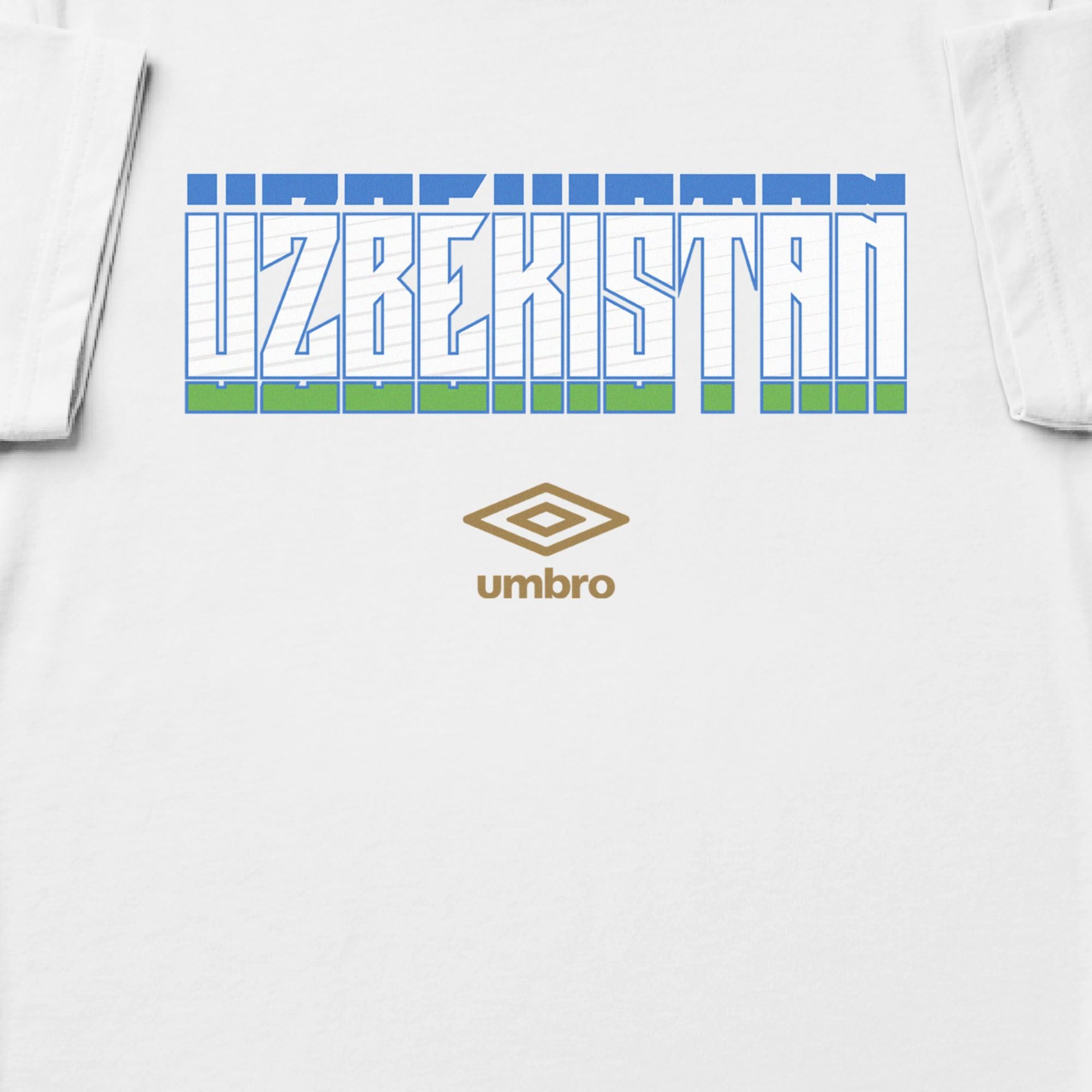 Uzbekistan stacked graphic white soccer T-shirts. Shop football team tees in soft cotton by Umbro.