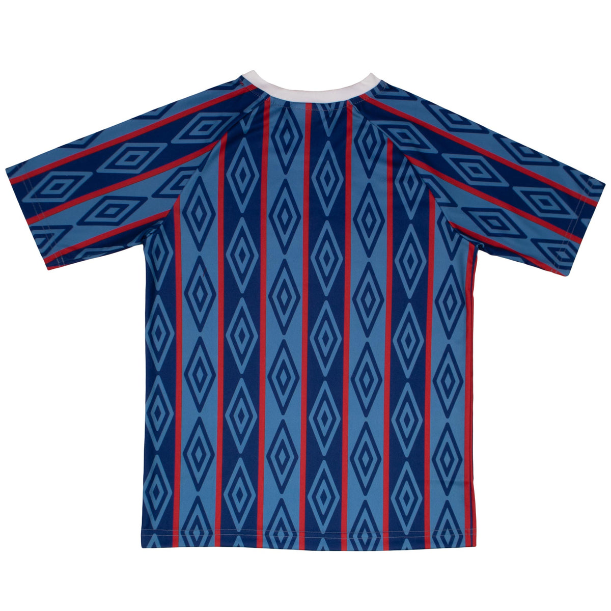 Double diamond blue, navy and red soccer jersey with short sleeves for boys
