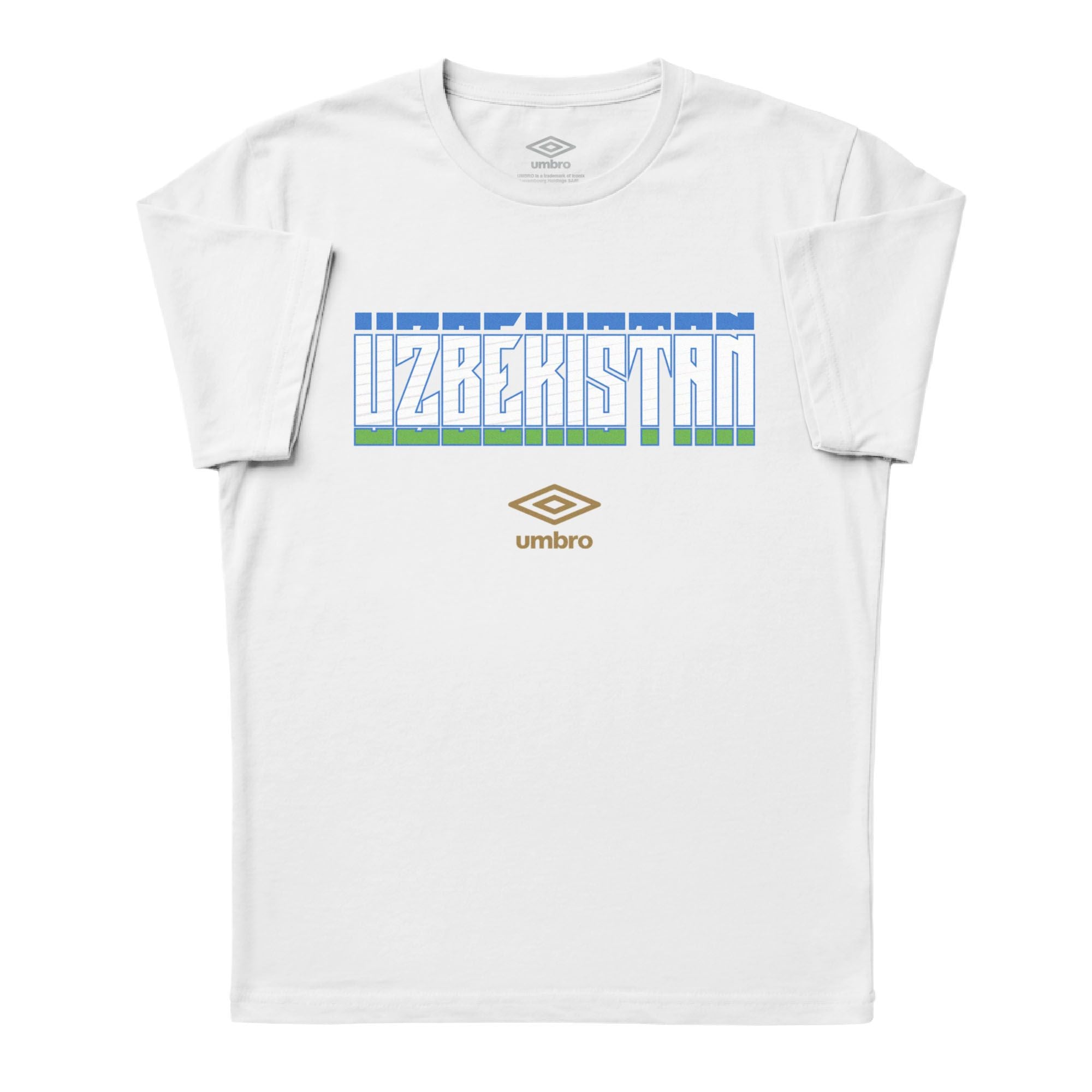 Uzbekistan Stacked white soccer tee in 100% cotton with short sleeves and round neck. Shop men's workout tees by Umbro