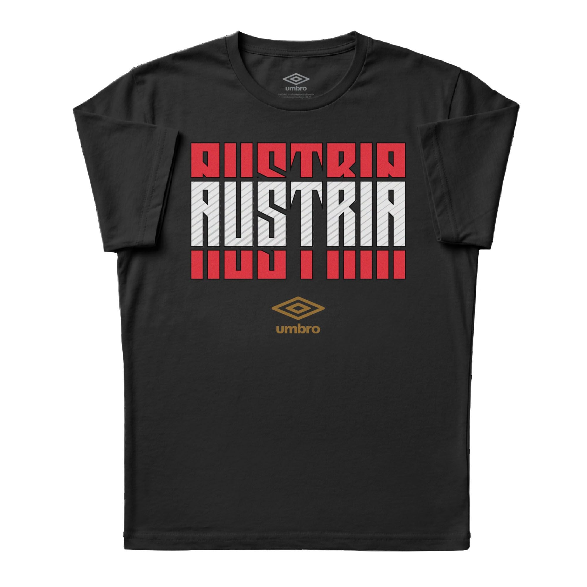 Austria Stacked black soccer tee in 100%
cotton with short sleeves and round neck - Shop men's graphic tee shirts by Umbro.