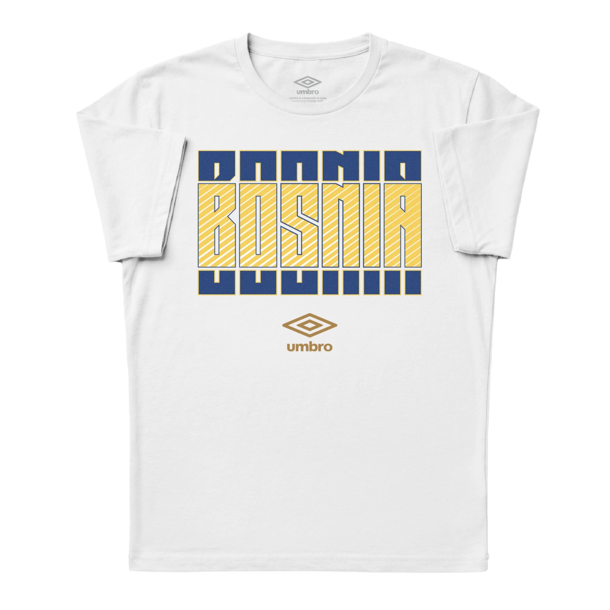 Bosnia Stacked white soccer tee in 100% cotton with short sleeves and round neck - Shop men's workout tees by Umbro.