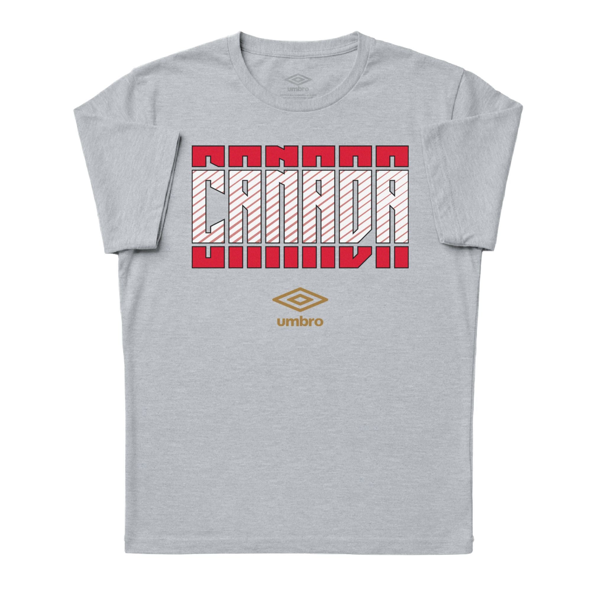 Canada Stacked grey soccer tee in 100% cotton with short sleeves and round neck. Shop men's graphic tee shirts by Umbro.