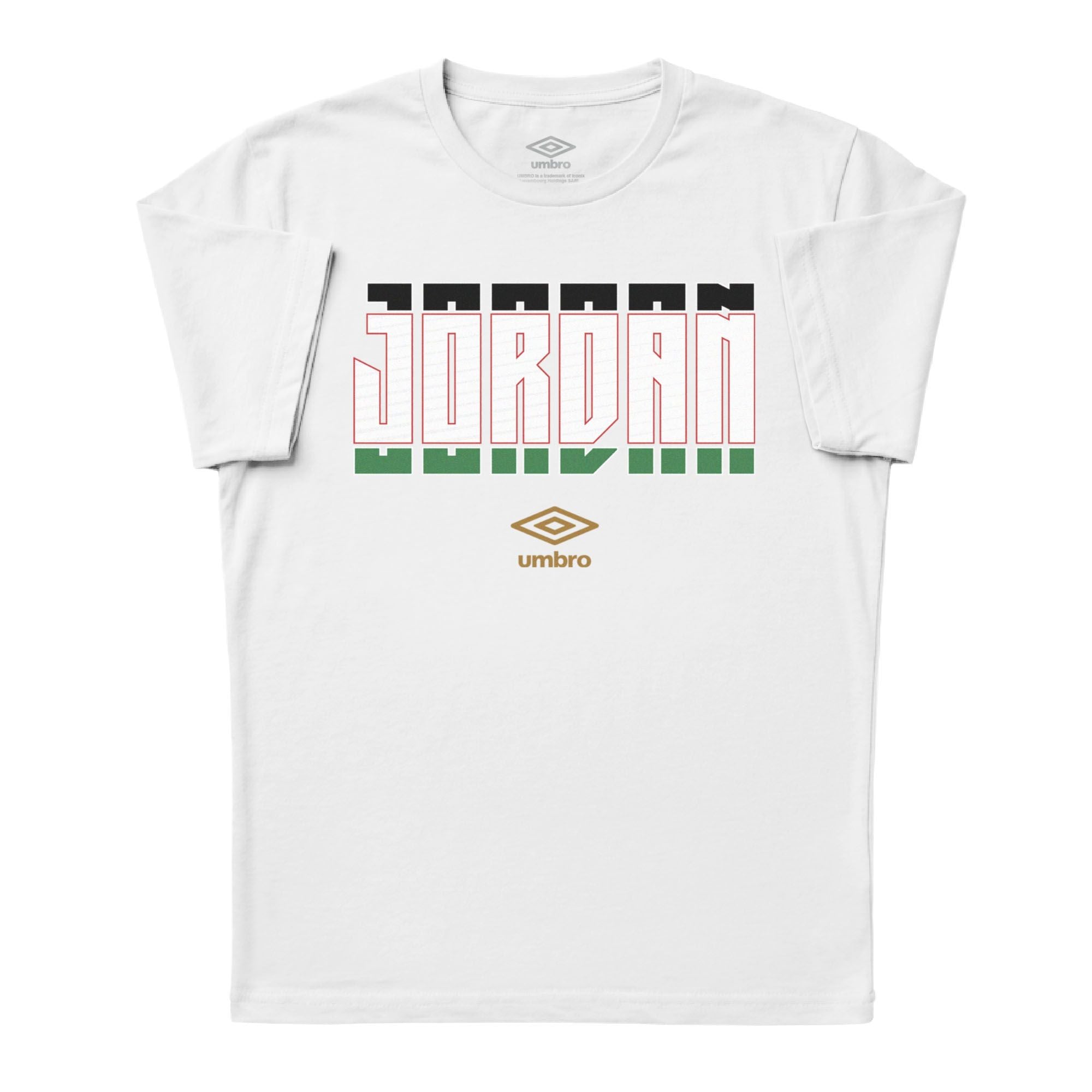 Jordan Stacked white soccer tee in 100% cotton with short sleeves and round neck. Shop men's workout tees by Umbro