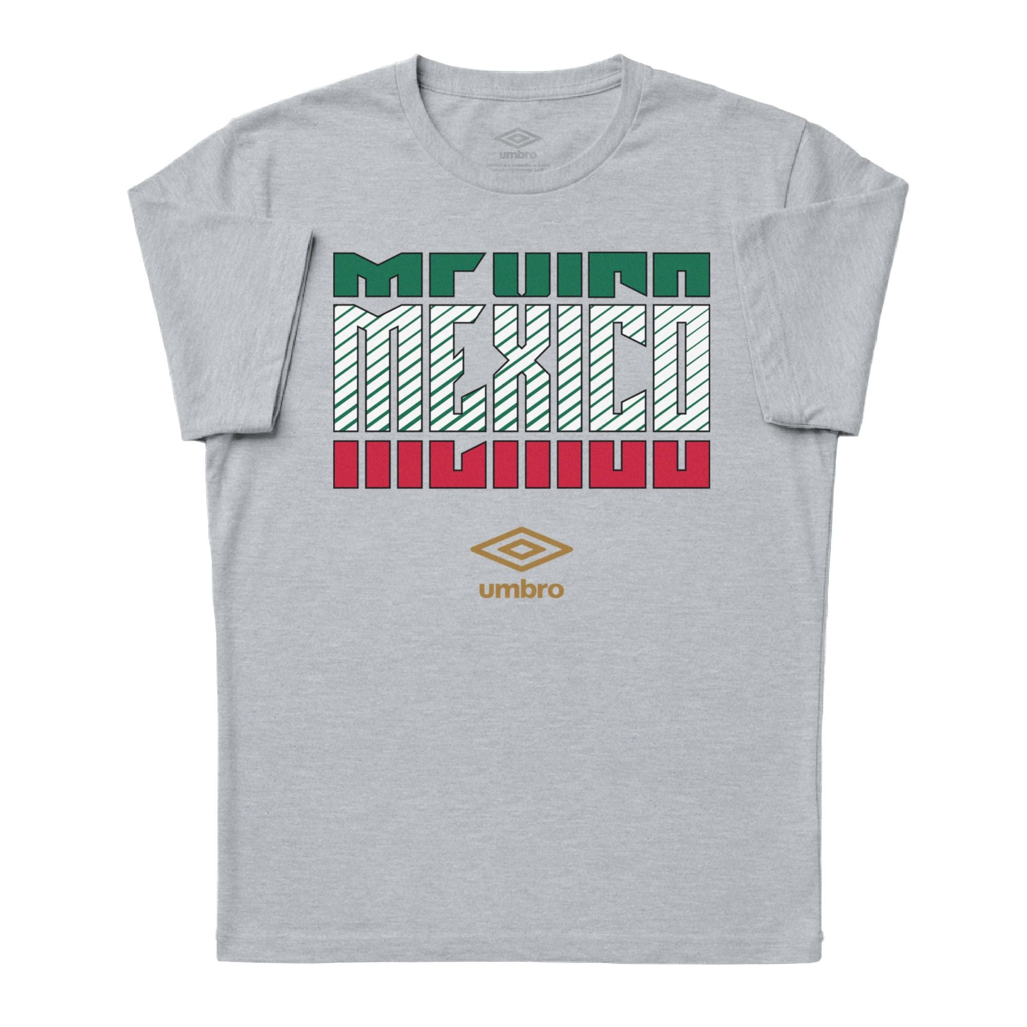 Mexico Stacked grey soccer tee in 100% cotton with short sleeves and round neck. Shop men's graphic tees by Umbro.