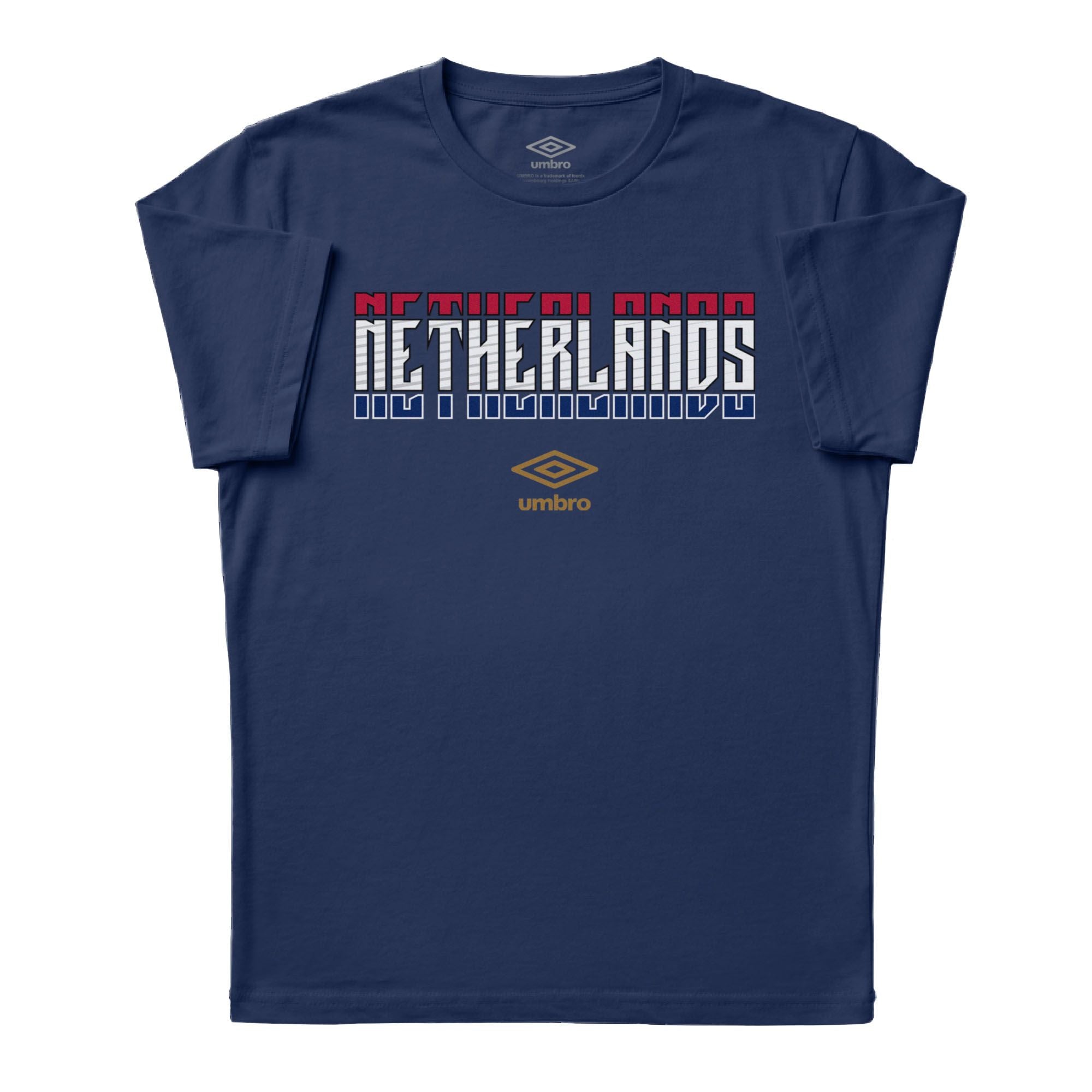 Netherlands Stacked navy blue soccer tee in cotton with short sleeves and round neck. Shop men's graphic tees by Umbro.
