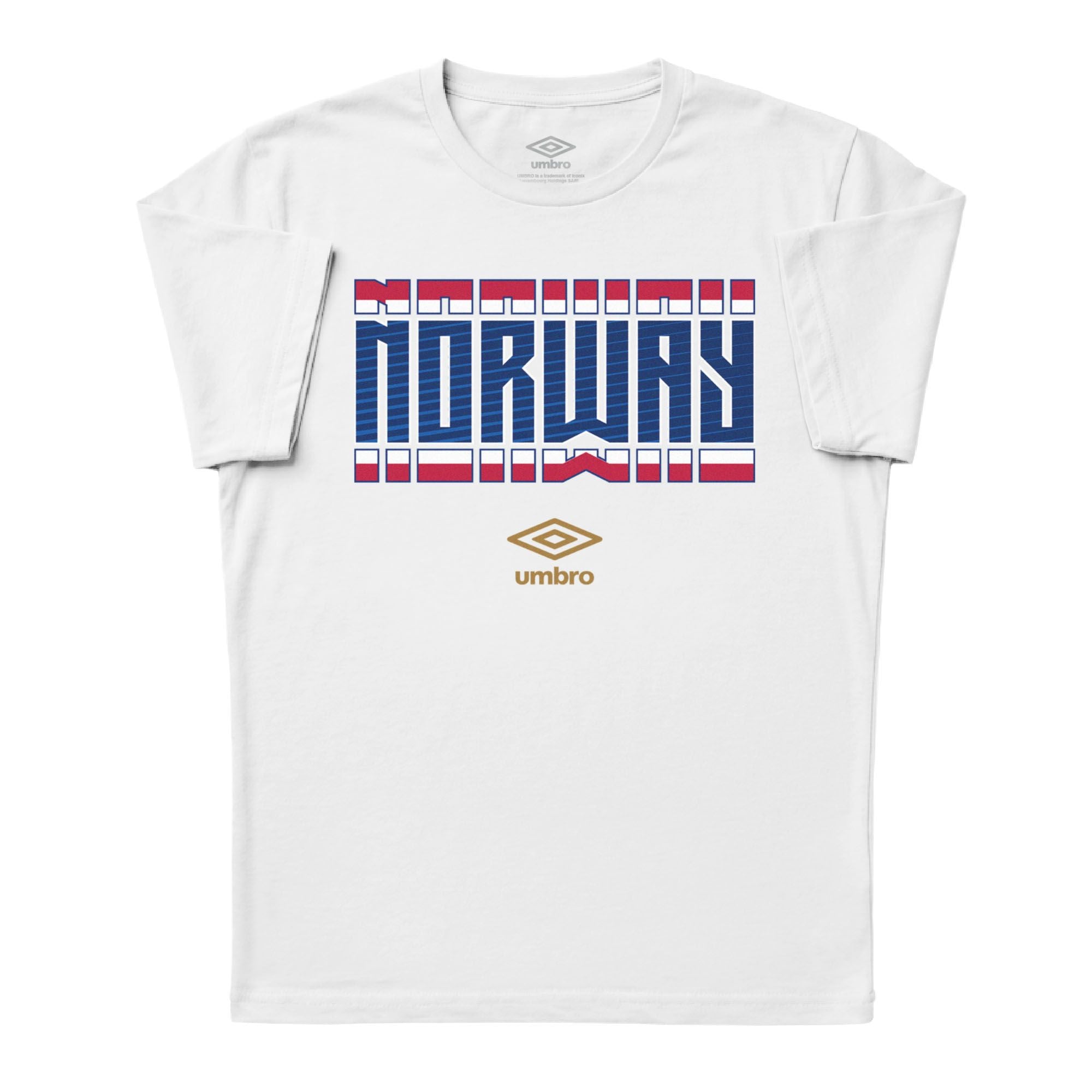 Norway Stacked white soccer tee in 100% cotton with short sleeves and round neck. Shop men's graphic tees by Umbro.