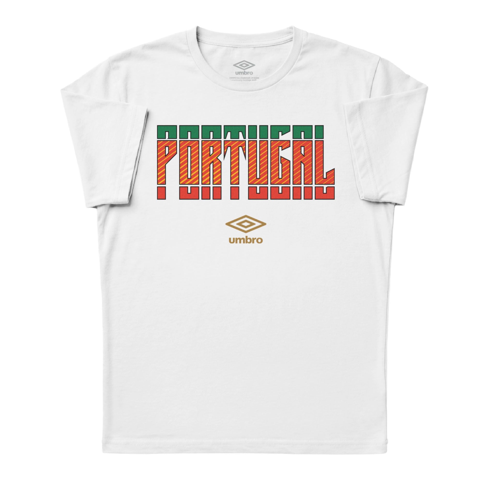 Portugal Stacked white soccer tee in 100% cotton with short sleeves and round neck. Shop men's graphic tees by Umbro.