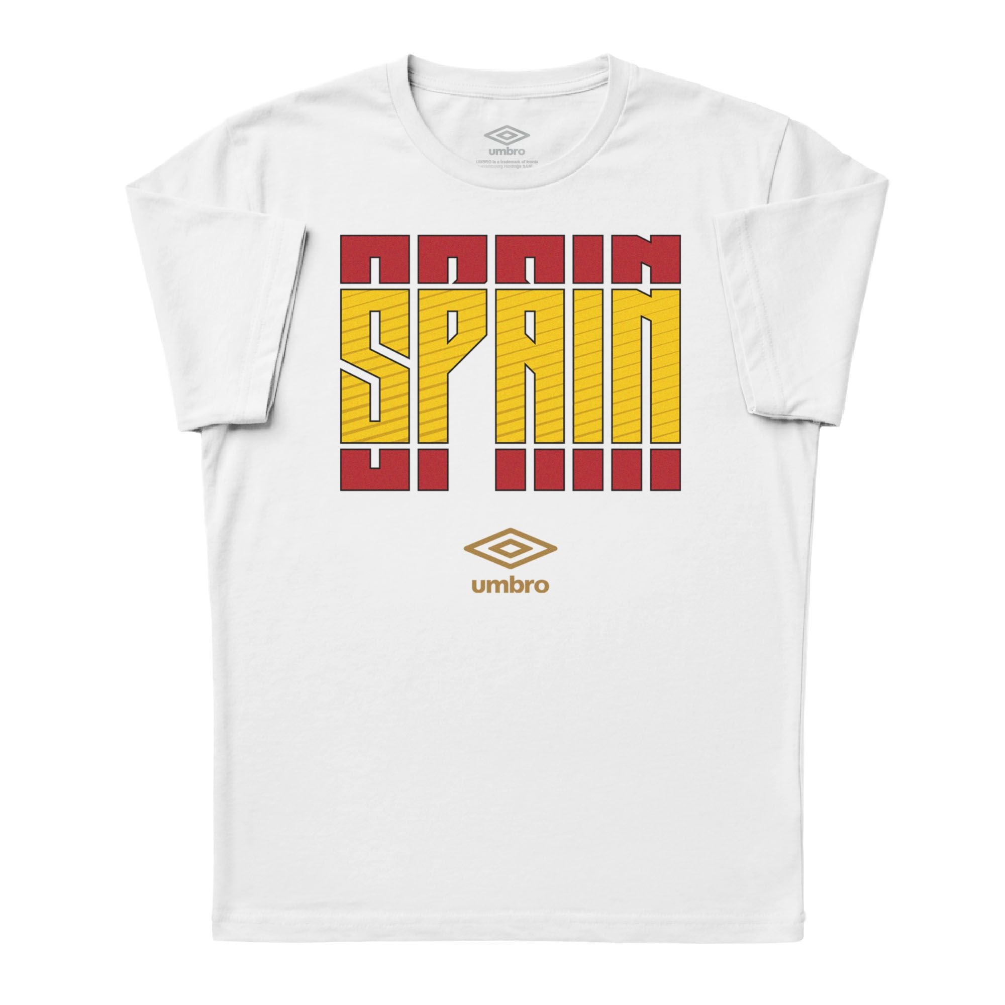 Spain Stacked white soccer tee in 100% cotton with short sleeves and round neck. Shop men's graphic tees by Umbro.