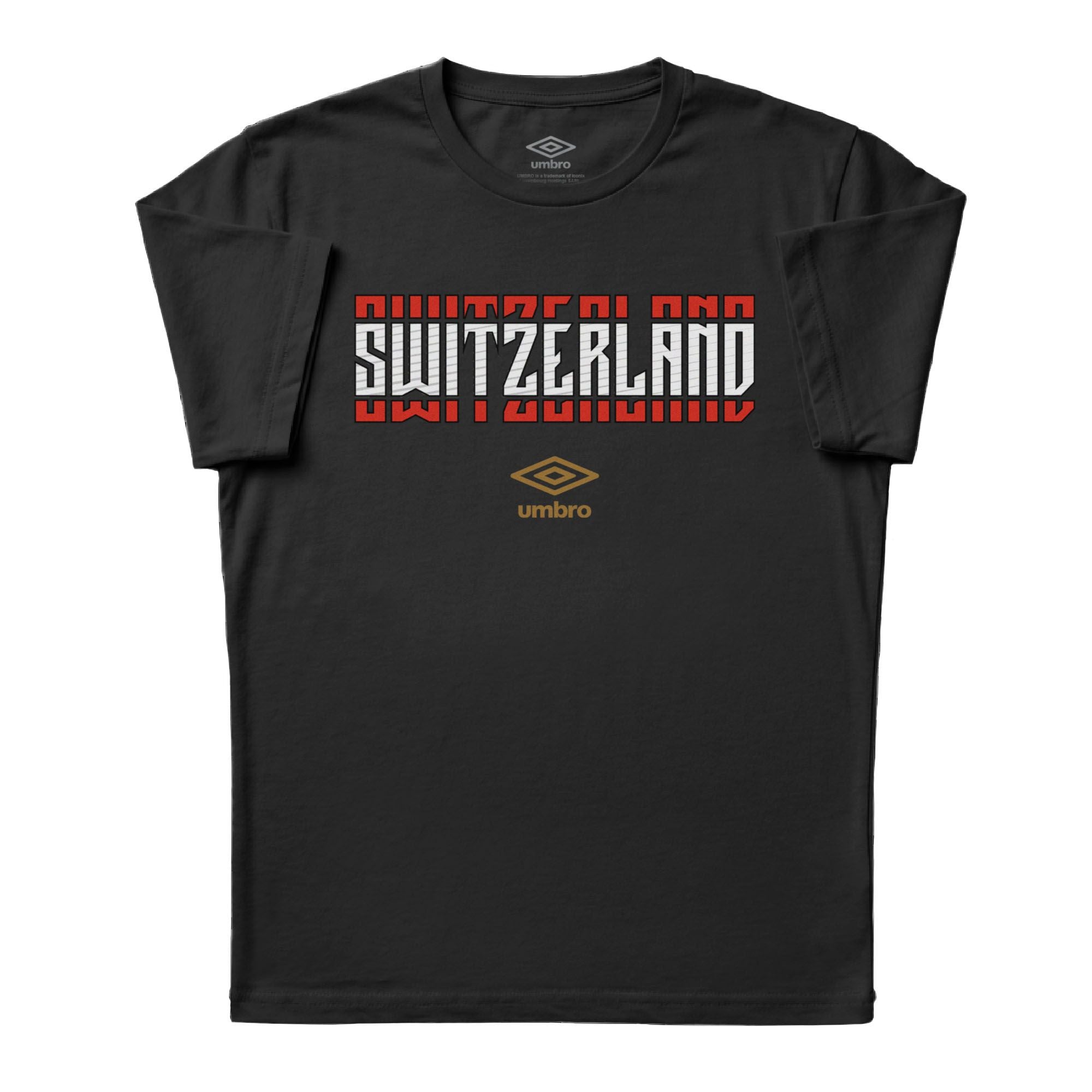 Switzerland Stacked black soccer tee in 100% cotton with short sleeves and round neck. Shop men's graphic tees by Umbro.
