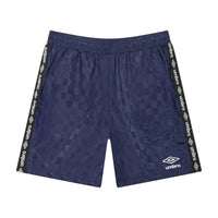 Men's Navy Blue Checkered Logo Short with a logo tape trim - Shop adult soccer shorts by Umbro.