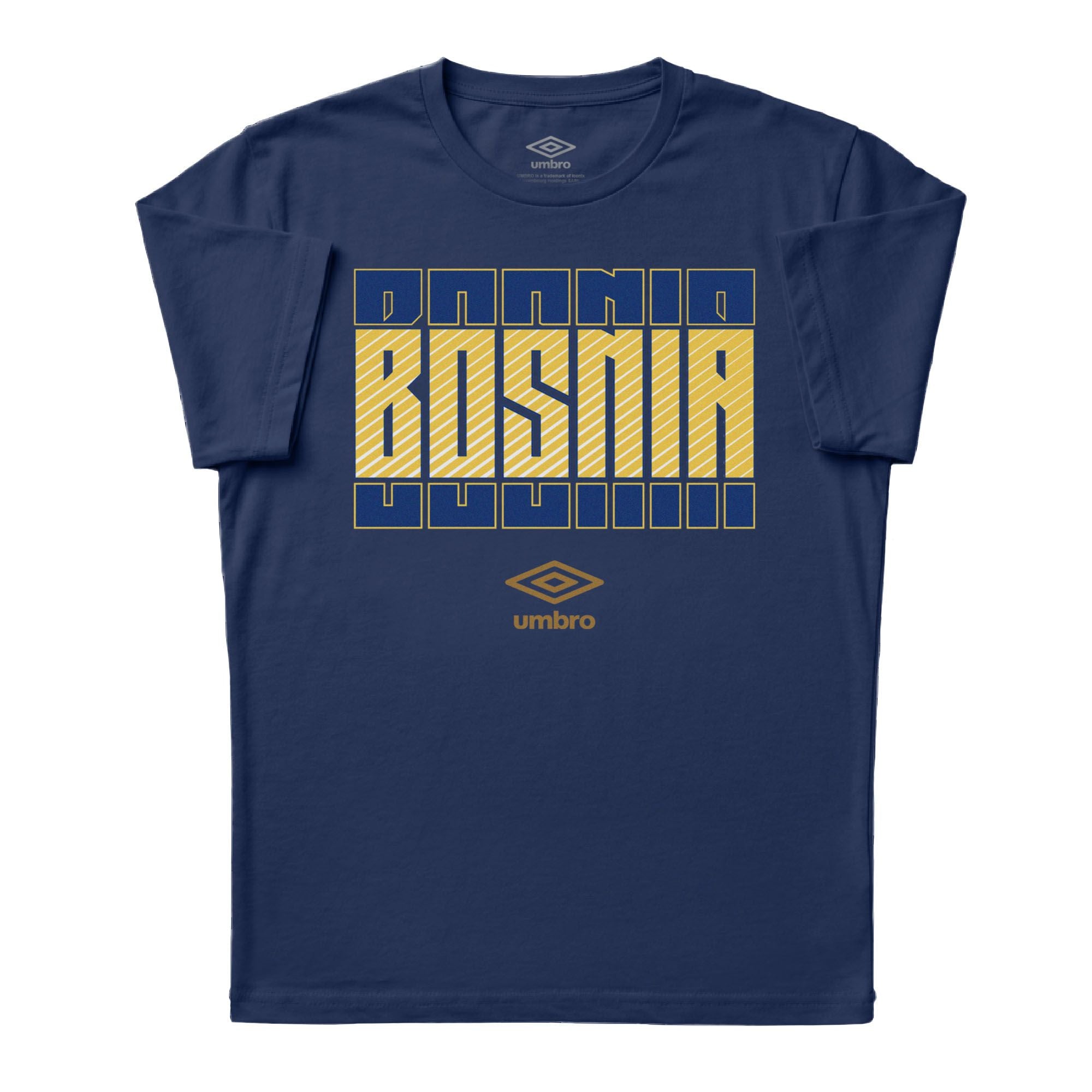 Bosnia stacked graphic navy soccer Tshirts. Shop football team tees in soft cotton by Umbro.