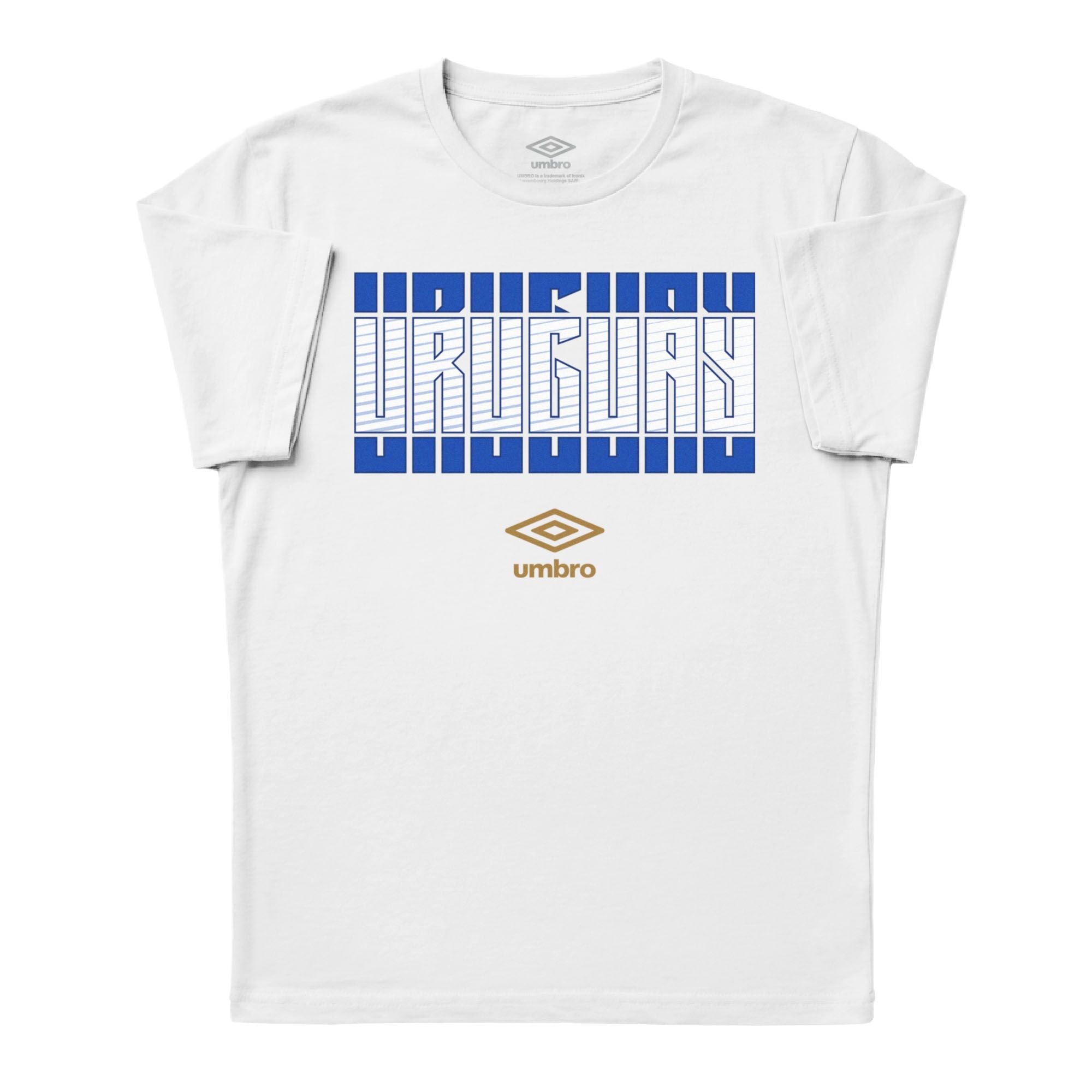 Uruguay Stacked white soccer tee in 100% cotton with short sleeves and round neck. Shop men's graphic tees by Umbro.