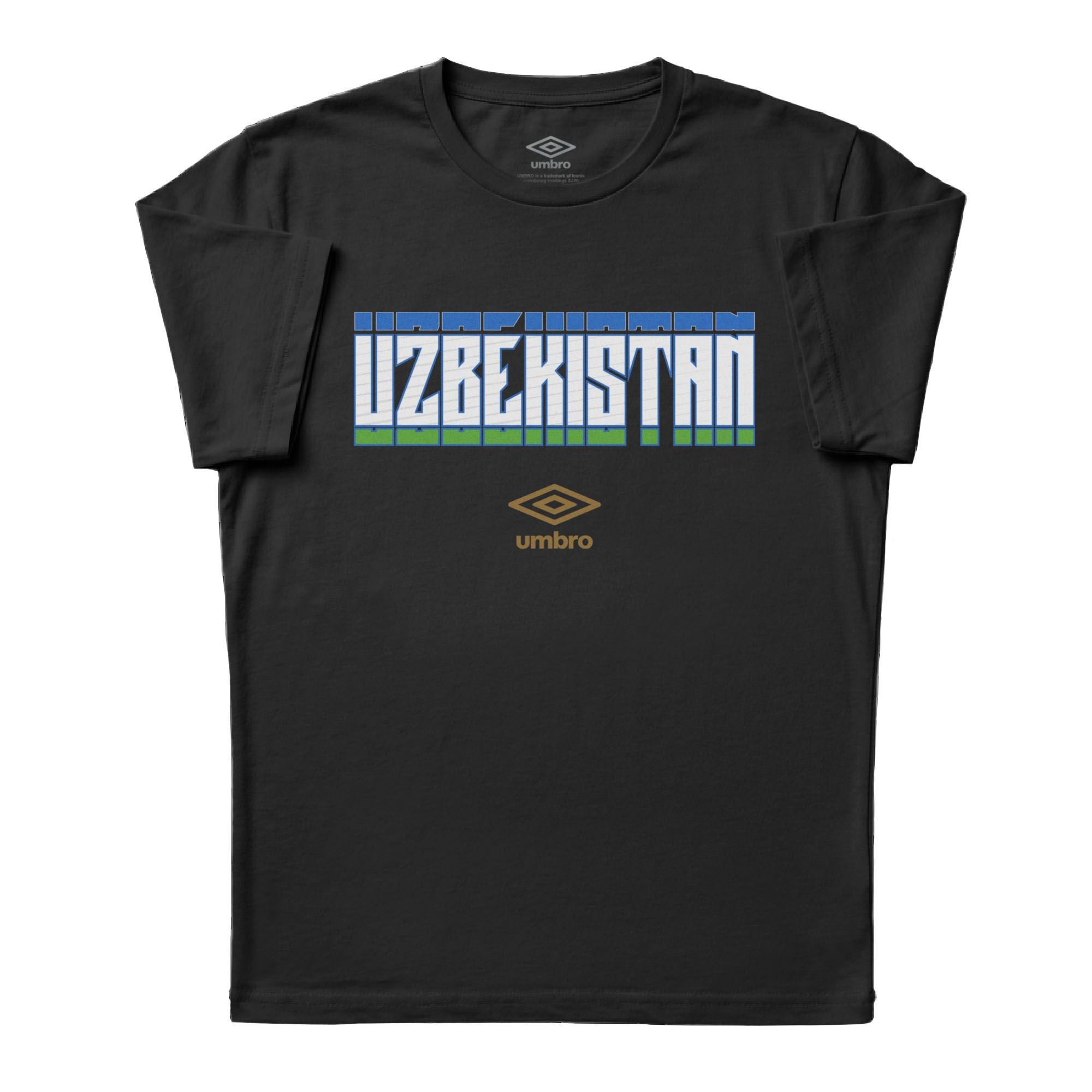 Uzbekistan Stacked black soccer tee in 100% cotton with short sleeves and round neck. Shop men's workout tees by Umbro.